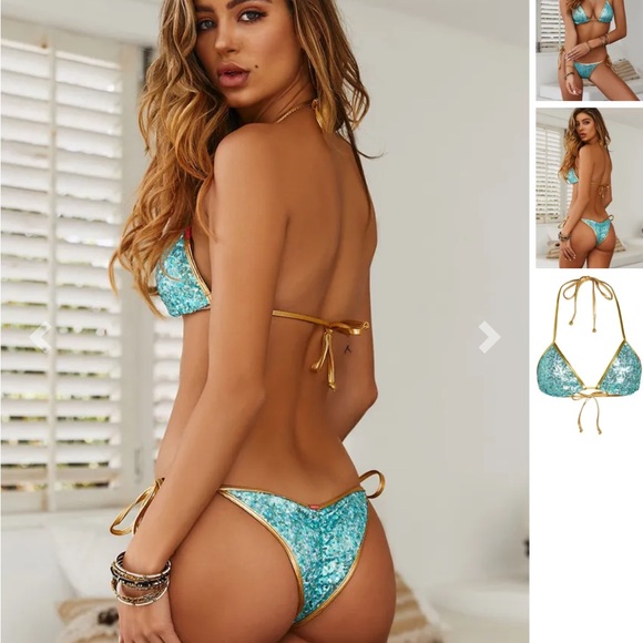 🩷 Doll Swimwear Turquoise Aqua Sequin Bikini with Gold Trim Micro Bottom - Picture 4 of 4